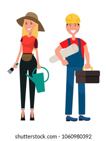 Gardener woman and builder man on white background. Female in hat holds fork and water can. Male in helmet holds tool box vector illustration