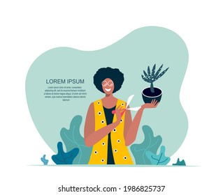 Gardener Woman caring for Vertical Garden Green wall. Grower prun plunt and leaves with Secateurs. Evironment friendly Ecodesign for offices, rooms ecological Grass gardening Flat Vector illustration