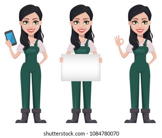 Gardener woman, cartoon character in uniform, set of three poses. Beautiful farmer girl holding smartphone, holding blank placard and showing ok sign. Vector illustration
