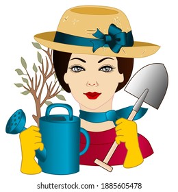 gardener woman in hat plants a tree, she holds a watering can and a shovel, emoticon color vector on white isolated background  