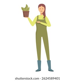 Gardener woman is holding a plant pot and gesturing with her other hand