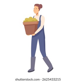Gardener woman holding potted plant, female farmer character wearing blue jumpsuit and rubber boots walking