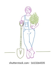 Gardener woman with a plant and a shovel. Colour line drawing vector illustration.