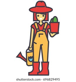 Gardener woman with plant and watering can, working in garden, farmer concept. Line vector icon. Editable stroke. Flat linear illustration isolated on white background