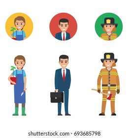 Gardener woman in rubber boots with plant and knife, young manager holding black suitcase and lifesaver keeping long axe vector illustration