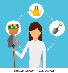 gardener woman with shovel watering can gardening
