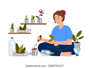 Gardener Woman Upcycling plastic bottles cutting utilized jar to plant seedling and flowers.Wasteless Concept..Illustration of recycling and reutilization. Reducing waste. Flat vector illustration.