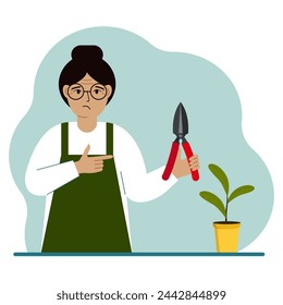 A gardener is a woman in working clothes, he has a pruner in his hand. Vector flat illustration