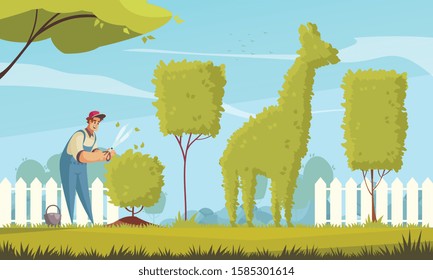 Gardener work background with trees and bushes trimming flat vector illustration