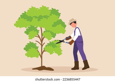 Gardener work on shrub, remove excess leave. Gardener trimming. Agriculture concept. Colored flat graphic vector illustration. 