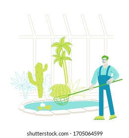 Gardener Worker or Botanist Scientist Character Catch Floating Lotus Flowers with Butterfly Net at Pond in Greenhouse Area with Different Exotic and Rare Plants Species. Linear Vector Illustration