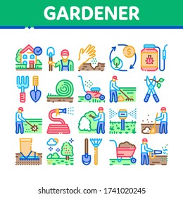 Gardener Worker Instrument Icons Set Vector. Gardener Shovel And Rake, lawn mower and Watering Hose, Pruner And Trolley Farmer Tool Concept Linear Pictograms. Color Illustrations