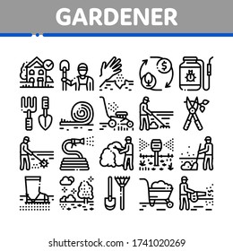 Gardener Worker Instrument Icons Set Vector. Gardener Shovel And Rake, lawn mower and Watering Hose, Pruner And Trolley Farmer Tool Concept Linear Pictograms. Monochrome Contour Illustrations
