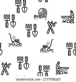 Línea delgada de vectores de patrón sin soldadura de Gardener Worker Instrument. Ilustraciones
