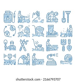 Gardener Worker Instrument sketch icon vector. Hand drawn blue doodle line art Gardener Shovel And Rake, lawn mower and Watering Hose, Pruner And Trolley Farmer Tool Illustrations
