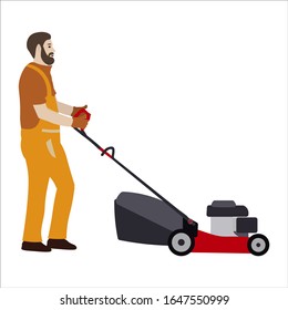 Gardener working flat vector illustration isolated on a white background. A farmer handyman mows grass with a manual lawn mower. Gardening of yards, growing plants and nurseries, gardening.