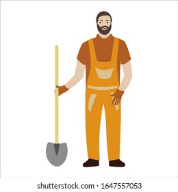Gardener working flat vector illustration isolated on white background. Farmer handyman holds a shovel in his hands. Gardening of yards, growing plants and nurseries, gardening.