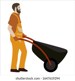 Dibujo vectorial plano de trabajo de jardinero aislado en fondo blanco. Granjero artesano en puestos naranjas con carretilla de jardín.