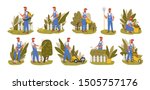 Gardener working flat vector illustrations set. Male handyman character mowing grass, trimming trees and bushes isolated pack. Backyard landscaping, plants cultivating and nursery, garden maintenance.