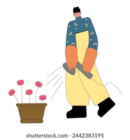 Ilustración aislada de vector plano de flores de trabajo de jardinero. Trabajadores agrícolas cuidando el jardín.	
