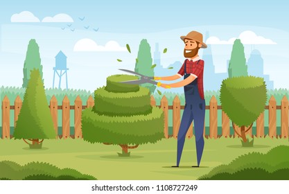 Gardener Working In Garden Cartoon Icon. Landscape Designer In Blue Overalls Pruning Or Trimming Green Tree And Shrub With Shears For Gardening And Landscape Design Profession Design