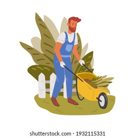 Gardener working in garden in summer. Male handyman carrying wheelbarrow and cleaning backyard. Colored flat vector illustration of professional worker with barrow isolated on white background