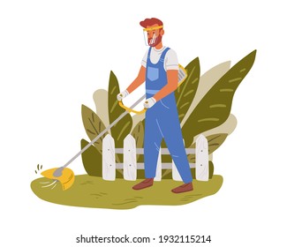 Jardinero trabajando en el patio trasero y cortando césped con cortadora eléctrica. Hombre de mano cortando hierba en el jardín. Dibujo plano de dibujos animados coloreados ilustraciones vectoriales del trabajador profesional aislado en fondo blanco