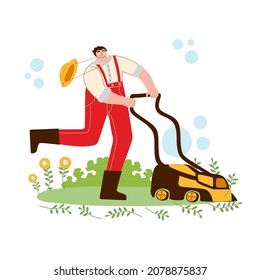 Jardinero trabajando en el patio trasero y cortando césped con cortadora eléctrica, 
un hombre se encarga del césped, corta el césped con una cortadora de césped. Ilustración vectorial de dibujos animados planos
