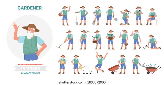 Gardener working poses infographic vector illustration set. Cartoon flat elderly bearded man worker farmer character planting and harvesting in different postures, farm garden work isolated on white