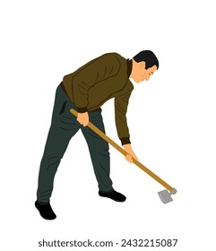 Gardener working soil with hoe in garden vector  illustration. Villager man digging earth. Farmer put the seed of plant in the ground. Digger worker mining with hand tool. Manual farming outdoor.