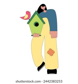 Gardener working spring flat vector isolated illustration. Agricultural working people tending garden.