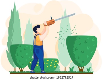 Gardener Works In Garden Cartoon Worker With Saw Agricultural Worker. Landscaper Male Character Trimming Green Tree And Shrub With Chainsaw For Gardening And Landscaping, Profession Power Tool