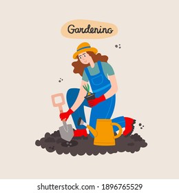 Gardener works in the garden. Young woman with plants. Vector cartoon illustration on the theme of gardening, spring, garden job, hobby