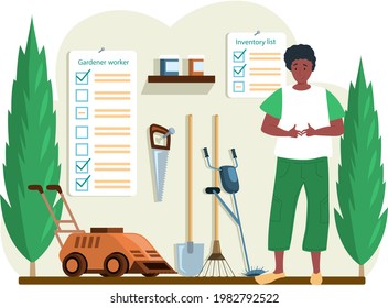 Gardener young male character standing in barn with garden tools in backyard with green bushes, inventory list fertilizers, scissors, saw, trimmer, rake, shovel. Man preparing for outdoor season