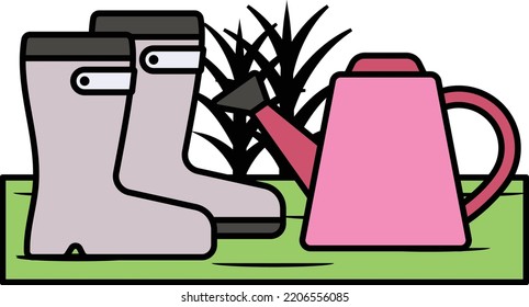 Gardeners Boots With Watering Can Concept, Plant Nursery Vector Color Icon Design, Farm And Gardening Symbol, Villagers Life Sign, Countryside And Livestock Stock Illustration