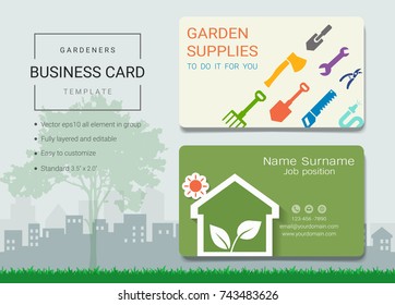 Gardeners business name card design template, Simple style also modern and elegant with garden supplies tools kit background, It's fully layered and editable, Easy to customize it to fit your needs.