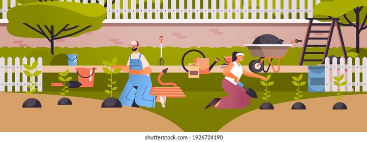 gardeners couple taking care of plants people working together planting gardens flowers in backyard gardening concept full length horizontal vector illustration