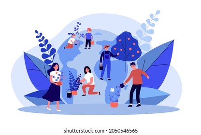 Gardeners doing garden farm work. Team of children and adult people gardening, watering, planting, growing flat vector illustration. Agriculture concept for banner, website design or landing web page