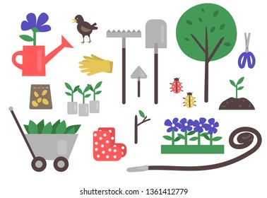 Gardeners equipment set of objects needed for gardening and farming. Isolated vector Illustrations.