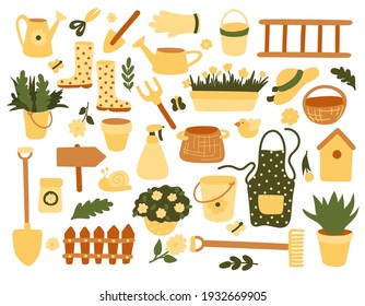 Gardeners Equipment Set Of Objects Needed For Gardening And Farming Isolated Vector Illustrations in Flat Hand Drawn Style. Garden Tools Collection in green and yellow colors.