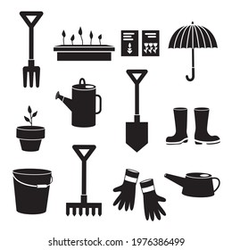Gardeners Equipment Set Of Objects Needed For Gardening And Farming Isolated Vector Black icons