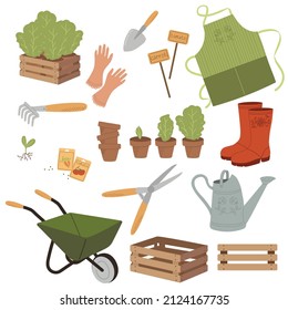 Gardeners Equipment Set Of Objects Needed For Gardening And Farming Isolated Vector Illustrations. Farm tools and for transplanting plants trolley, watering can, scissors, rake, shovel, apron, rubber