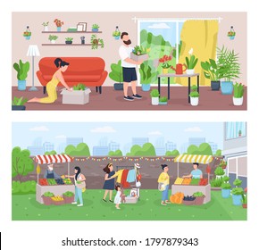 Gardeners and farmers flat color vector illustration set. Family growing houseplants. Farmer market. Community marketplace. Urban garden 2D cartoon landscape with characters on background collection