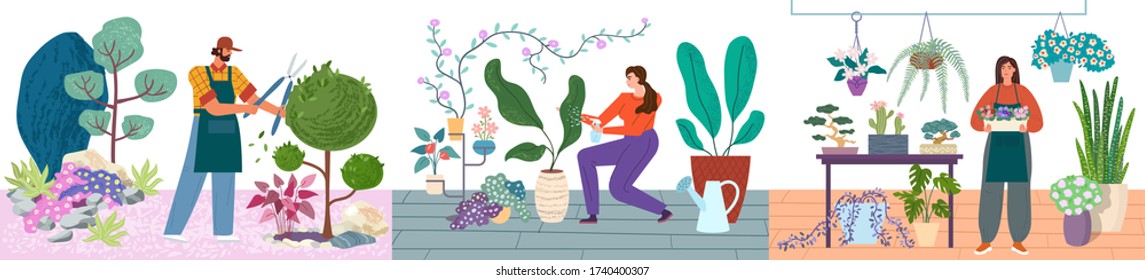 Gardeners and florists caring for plants vector illustration set. Man pruning bushes, women water and care for indoor plants. Gardeners and florists cartoon concept.