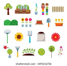 gardeners and garden bundle icons vector illustration design