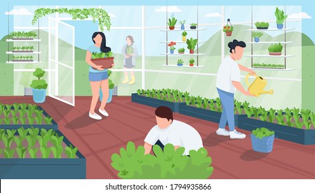 Gardeners in greenhouse flat color vector illustration. Farmers cultivating and watering plants. Care for vegetation. Urban agriculture facility 2D cartoon interior with characters on background