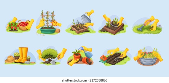 Gardeners hands in rubber gloves work in garden isolated set vector illustration. Cartoon farmer working with rake, fork, shovel and secateurs, growing plants and vegetables with gardening tools