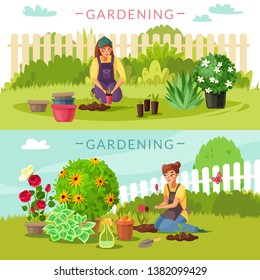 Gardeners horizontal banners. Cartoon style with the characters involved in the planting girls working in the garden summer landscape. Vector