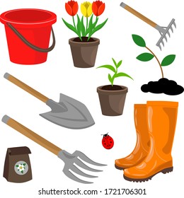 Gardener's kit: rake, pitchfork, bucket, shovel, saplings on a white isolated background. Vector drawing on the theme of gardening.