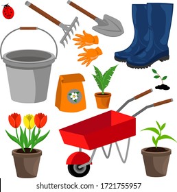 Gardener's kit: rake, pitchfork, bucket, shovel, saplings on a white isolated background. Vector drawing on the theme of gardening.